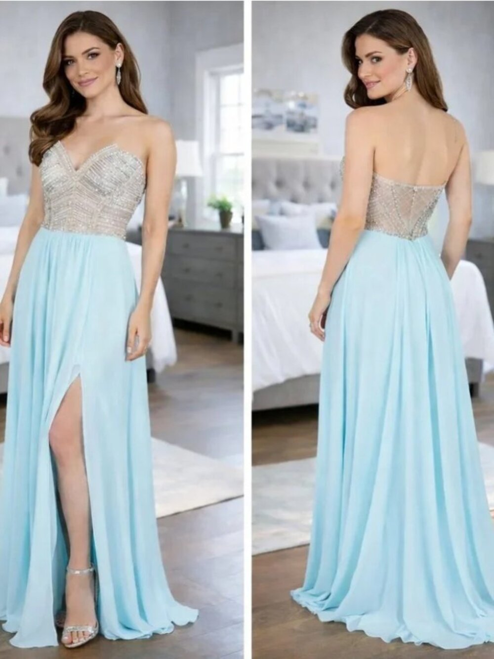 NWT Terani Couture Strapless Blue Gold Jeweled Formal Gown $495